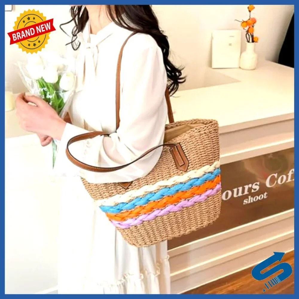 Woven Raffia Straw Tote Bag Boho Chic Summer Beach Vacation Travel Essential